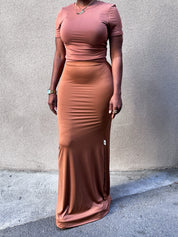 Brown Sugar set featuring Krys Shirt and Kris Skirt in Chestnut, front view